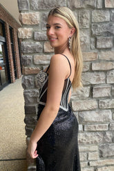 Black Prom Dress Spaghetti Straps Mermaid Long Evening Dress with Slit